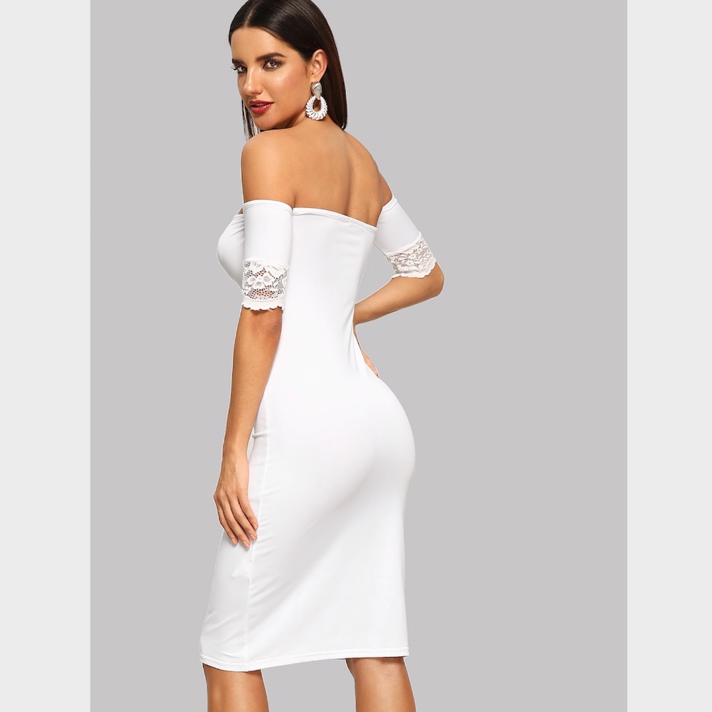 Lace Insert Off Shoulder Bodycon White Dress - Picture 3 of 8